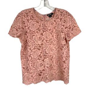 DKNY blush pink lace top blouse Sz 6 short sleeve semi-sheer